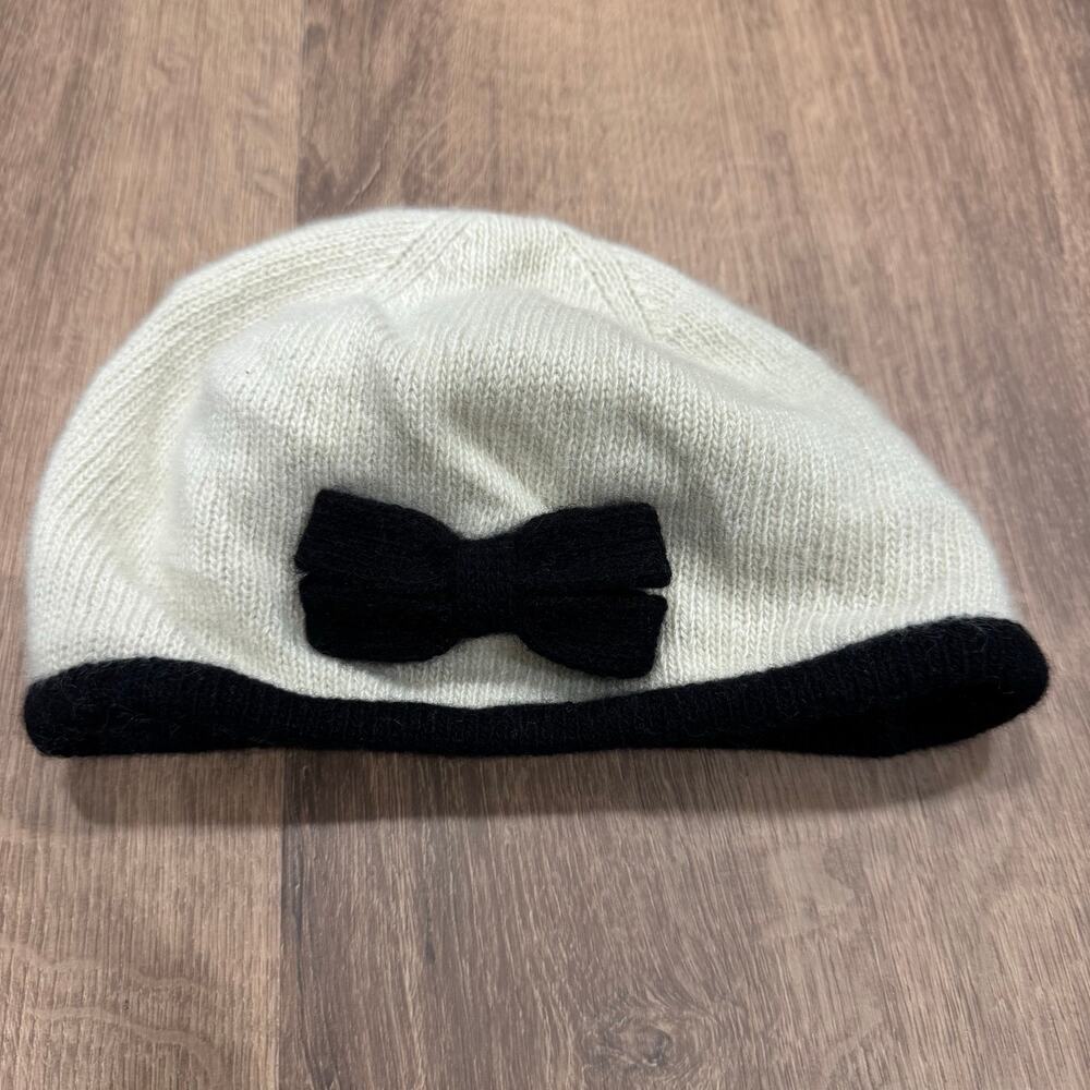 Portolano Baby Girl Cream Black 100% Cashmere Hat Beanie Cap Size 6-9M Months